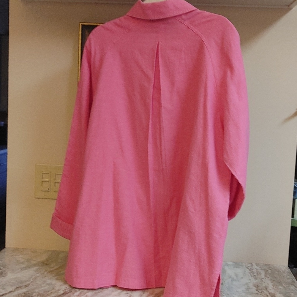 Denim & Co. Pink Oversized Linen Cotton Shirt Patch Pockets Size M - Picture 14 of 15